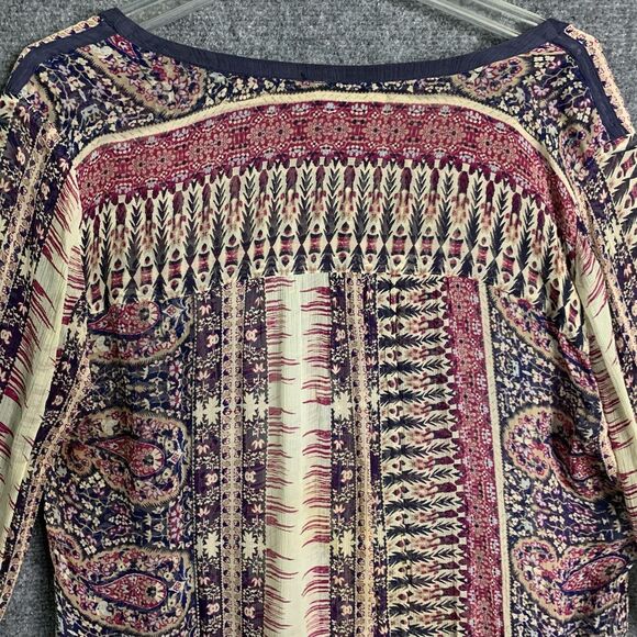 Lucky Brand Semi Sheer Top Pull Over Dark Paisley Striped Scarf Print Hi Low - Picture 8 of 10